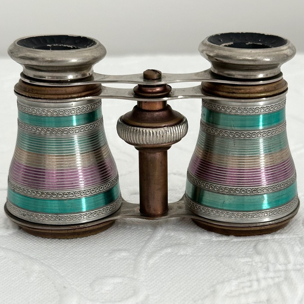 Antique Chevalier Paris Optical French Opera Glasses Enamel Striped Binoculars